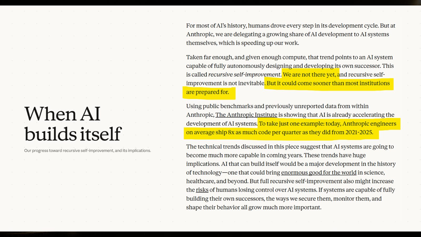 Slide: When AI builds itself — Anthropic on self-improving AI
