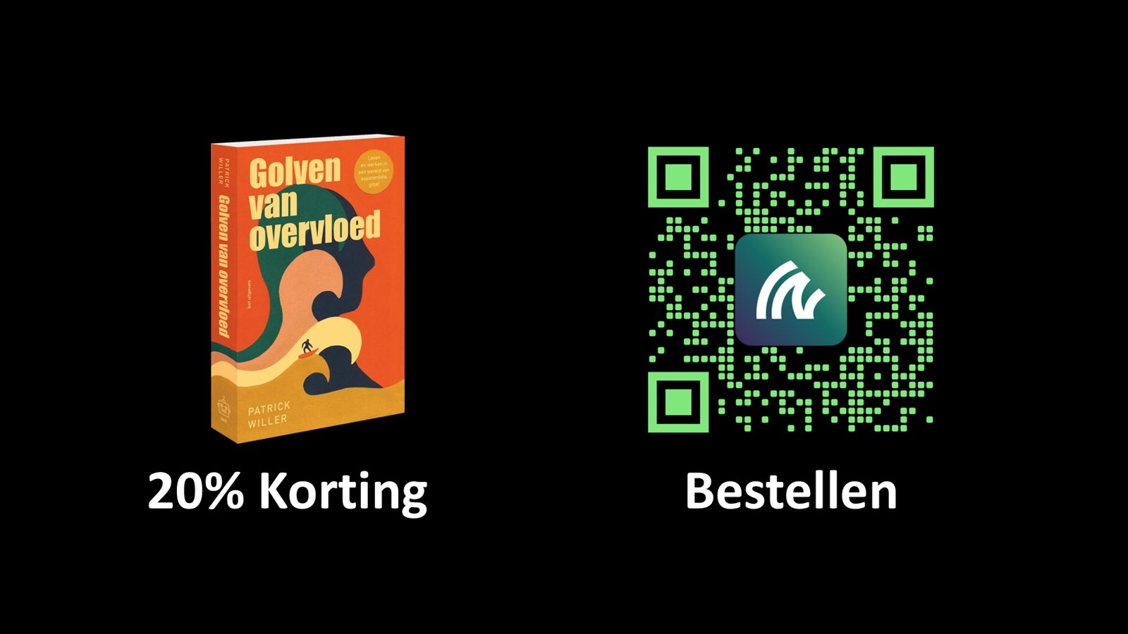 Slide: the book Golven van Overvloed by Patrick Willer, 20% discount